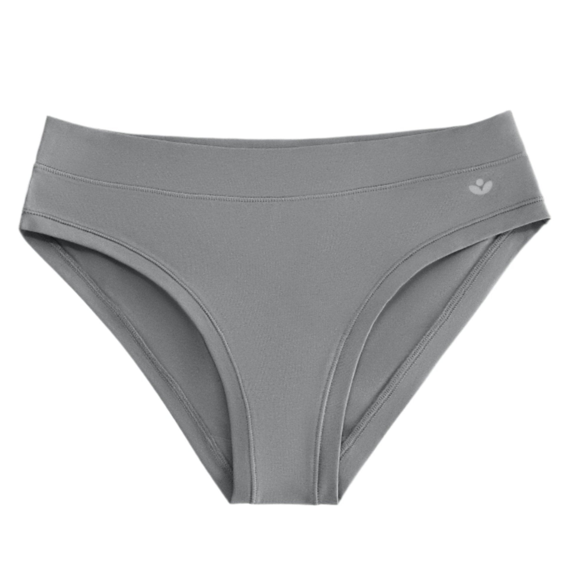 Low rise organic cotton bikini grey. with flower logo on hip. 